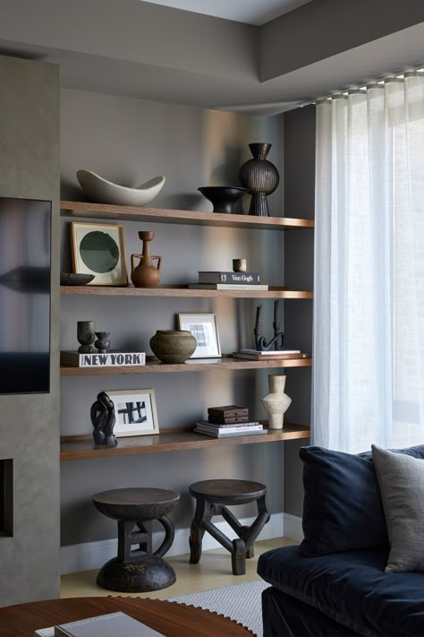 Media Floating Shelves, Black Brown Floating Shelves, Beige Floating Shelves, Stone Floating Shelves, Wall Shelf Built In, Wall Shelves Design Office, Modern Wood Shelves, Floating Shelves Concrete, Floating Shelves Dining Room Wall Modern