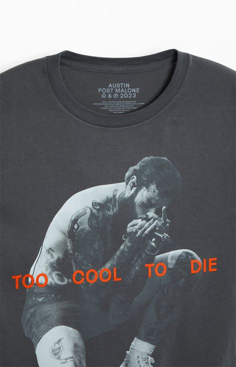 Rock the style of a modern icon with the Post Malone "Too Cool To Die" T-Shirt. Crafted with a washed fabrication for that lived-in feel, it boasts Post Malone graphics on the front, a classic crew neckline, short sleeves, and a standard fit, making it a must-have for fans of the chart-topping artist.   	Crew neckline 	Short sleeves 	Standard fit 	Vintage wash 	Front graphic 	100% Cotton 	Machine washable Graphic Tees Pacsun, Post Malone Tshirt, Pacsun Graphic Tees, The Office Tshirt, Artist Merch, Vintage Graphic Tees, Graphic Tees Vintage, Post Malone, Men's Graphic T Shirt