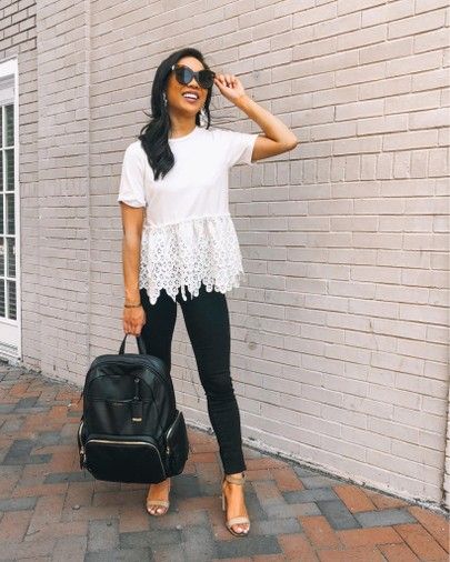 The best work and travel leather backpack. It’s expensive but worth every penny and looks professional with your work outfit. Lace hem peplum top, high waisted dark wash jeans for an easy casual weekend outfit. http://liketk.it/2Nana #liketkit @liketoknow.it #LTKspring #LTKworkwear #LTKtravel Tumi Backpack Women Outfit, Peplum Dresses, Tumi Backpack, Jeans For Fall, Lace Peplum Dress, Casual Weekend Outfit, Lace Tee, Backpack Women, Mommy Style