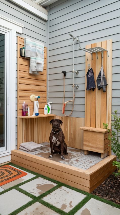 Keep your home clean & your pup happy with an outdoor dog washing station! It’s a game-changer for rainy days & muddy backyards. Click for easy DIY ideas! #PetFriendlyBackyard #DogMudRoom #DIYDogWash #BackyardSolutions Outdoor Dog Bath Station, Outdoor Dog Washing Station, Backyard For Dogs, Pool For Dogs, Pet Friendly Backyard, Diy Dog Wash, Dog Wash Station, Dog Station, Dog Friendly Backyard