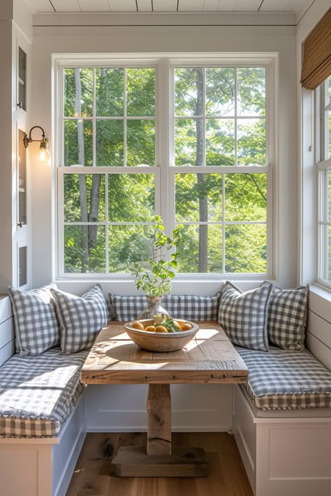 40+ Farmhouse Breakfast Nook Ideas for Cozy Mornings Cottage Farmhouse Interior Design, Black And White Cottage Kitchen, Farmhouse Sunroom Decor, Granny Cottage Interior, 1800s Home Aesthetic, Breakfast Nook Window Ideas, Traditional Farmhouse Interior Design, Cozy Coastal Home, Cozy Grandma House Aesthetic