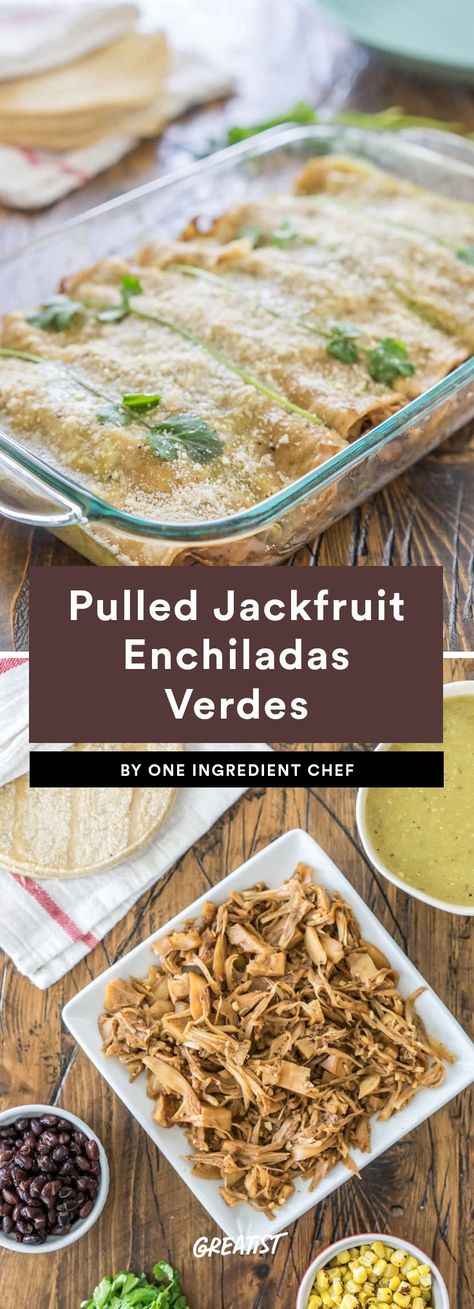 Jackfruit Enchiladas, Pulled Jackfruit, Vegan Jackfruit, Jackfruit Recipes, Vegan Mexican Recipes, Vegan Main Dishes, Vegan Dinner Recipes, Vegan Foods, Vegan Eating