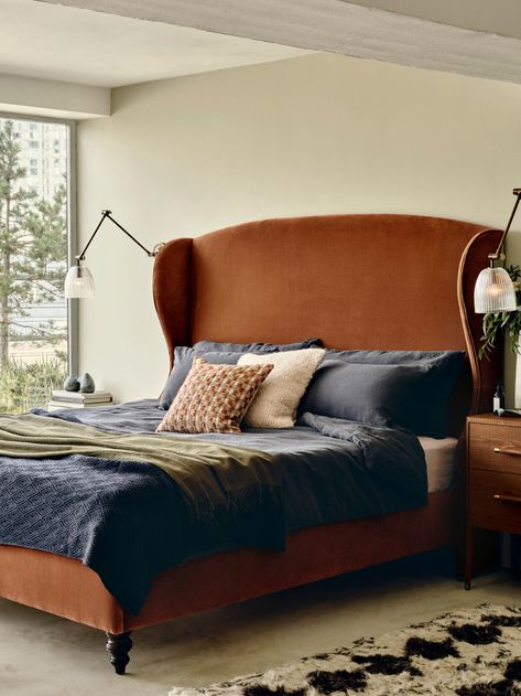 Soho Home Bed, Velvet Upholstered Headboard, Rust Headboard Bedroom, Rust Headboard, Orange Velvet Bed, Soho Home Bedroom, Soho House Bedroom, Rust Bed, Headboard Frame