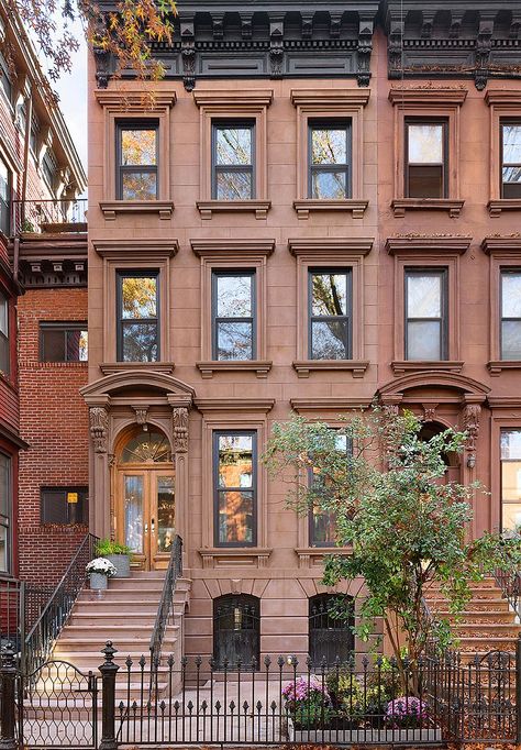 For sale: $3,995,000. Introducing 87 6th Avenue. Nestled on a lovely tree-lined North Park Slope block, this completely reimagined townhome seamlessly integrates old-world Victorian architecture with a clean, modern sensibility. Original details abound--including moldings, casings, seven marble mantels and restored doors and plasterwork, as well as authentic herringbone floors that were bleached and stained, giving them a soft, modern look and feel; this entire renovation was executed with a pre Old New York Apartment, Nyc Brownstone, Brownstone Homes, New York Brownstone, Herringbone Floors, Nyc Townhouse, Ipe Decking, Stone Buildings, Townhouse Exterior