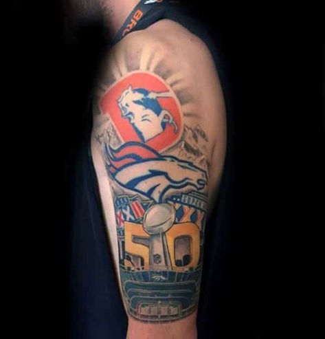 Half Sleeve Denver Broncos Themed Guys Tattoo Inspiration Broncos Tattoo, Denver Broncos Tattoo, Skull Thigh Tattoos, Bronco Horse, Football Tattoo, Brian Dawkins, Skull Hand Tattoo, Grey Artwork, Tattoos For Lovers