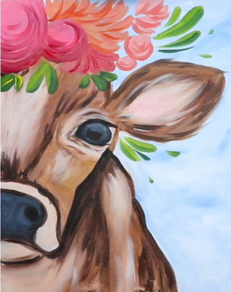 Spring Cow Step-by-Step | wendyanderson.art Diy Cow Painting Easy, How To Paint Cow Print Step By Step, Cow Canvas Painting Easy, Easy Cow Painting, Easy Animal Paintings, Easy Sip And Paint Ideas Step By Step, Paint Party Ideas For Adults, Cow Paintings On Canvas, Art Paint Party