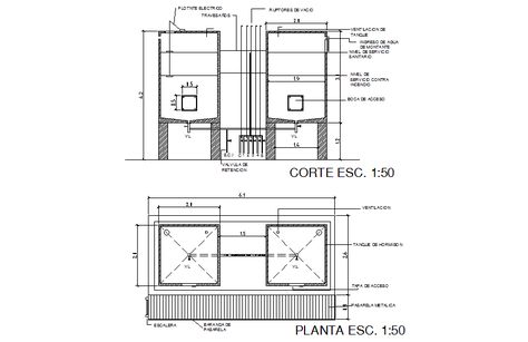 Water reservoir tank detail drawing in dwg file. Surface Drainage, Tank Drawing, Underground Drainage, Concrete Roof, Water Drawing, Water Reservoir, Septic Tank, High Water, Detailed Drawings