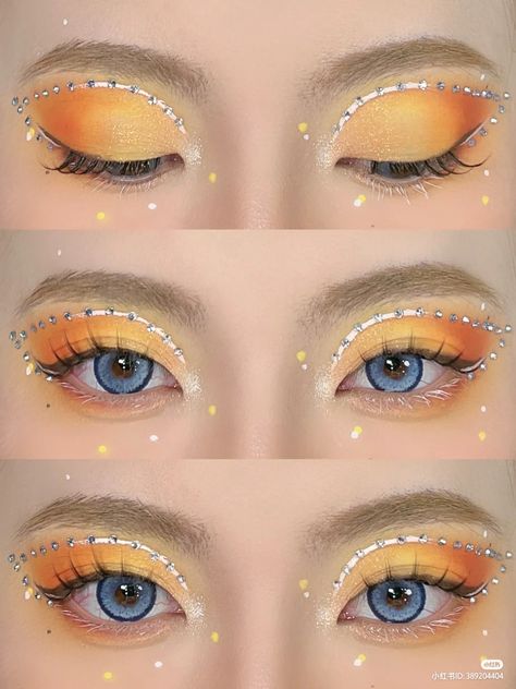 Pink Blue And Yellow Makeup, Pink And Yellow Eyeshadow, Yellow Eyeshadow Looks, Make Up Pallets, Yellow Makeup, Cute Eye Makeup, Makeup Eyeshadow Palette, Magical Makeup, Rainbow Makeup