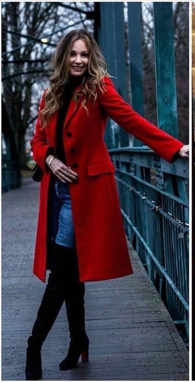 Winter Outfits Red Coat, Red Pea Coat Outfit, Red Long Coat Outfits Winter, Red Jacket Outfit Winter, Red Peacoat Outfit, Red Coat Outfit Winter Classy, Red Wool Coat Outfit, Red Ankle Boots Outfit, Red Winter Outfits