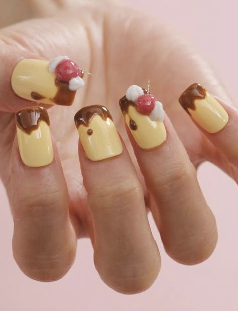 Yellow Cute Nails, Dessert Nails, Cake Nails, Food Nails, Yellow Nail, Really Cute Nails, Kawaii Nails, Cute Nail Art, Yellow Nails