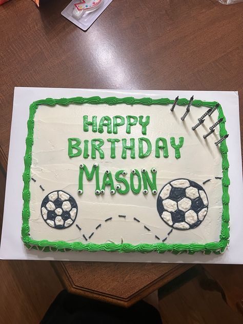 Super easy idea foe a soccer themed birthday cake. Soccer Sheet Cake Ideas, Easy Soccer Birthday Cake, Soccer Birthday Party Cake, Soccer Themed Birthday Cake, Soccer Sheet Cake, Soccer Cake Ideas For Boys, Boys Soccer Birthday Party, Soccer Themed Cake, Soccer Cakes