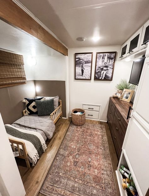 Simple Camper Remodel, Rv With Loft, Fifth Wheel Nursery, Camper Renovation Bedroom, Travel Trailer Aesthetic, Fifth Wheel Bunkhouse Remodel, Rv Kids Room Ideas, Cabin Furniture Ideas, Rv Living With Baby