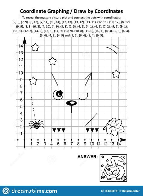 Coordinate graphing, or draw by coordinates, math worksheet with Halloween cat, lying in wait for prey. Illustration about connect, games, halloween, black, coordinate - 161338121 Coordinate Plane Pictures, Graph Pictures, Halloween Graphing, Picture Graph Worksheets, Coordinates Math, Coordinate Graphing Mystery Picture, Mystery Picture Graph, Halloween Coordinate, Coordinate Plane Worksheets