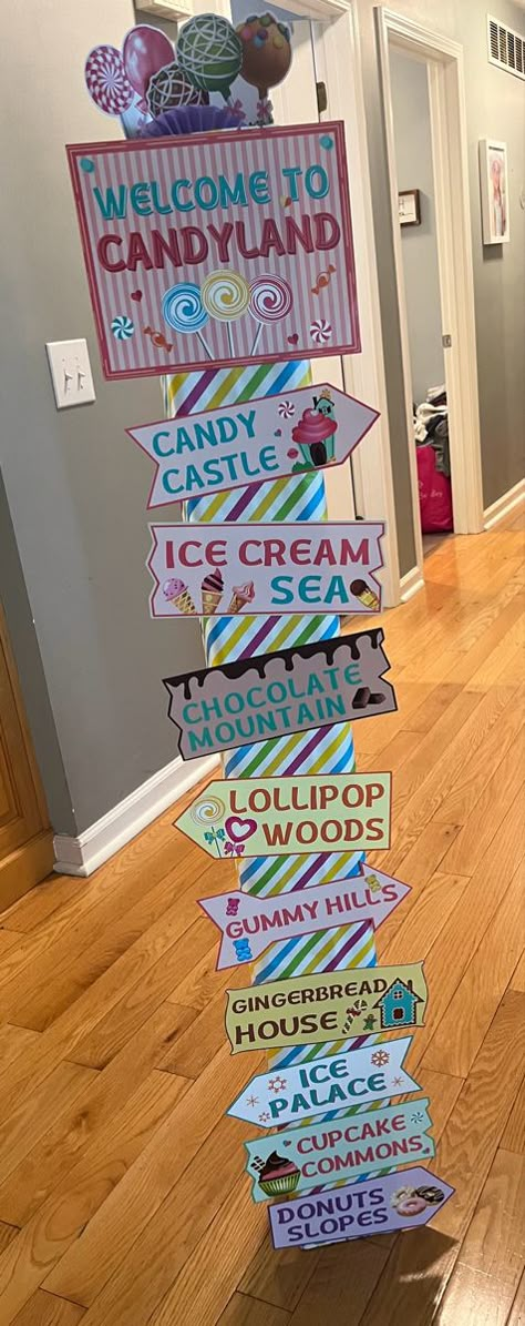 #VBS #TwistAndTurn #CandyLand Candy Land Signs Diy, Candyland Bulletin Board Ideas Schools, Candy Theme Door Decoration, Candyland Signs Diy, Candyland Photo Backdrop, Candyland Game Ideas, Candyland School Hallway, Candy Classroom Door Ideas, Candy Castle Candyland