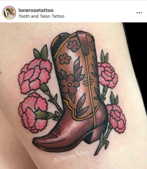 Traditional Boot Tattoo, American Traditional Cowboy Boot Tattoo, Neo Traditional Cowgirl Tattoo, Cowboy Boot Tattoo Traditional, Cowboy Boots Tattoo For Women, Country Tats, Cowgirl Boot Tattoo, Cowboy Boots Tattoo, Boyfriend Tattoo Ideas