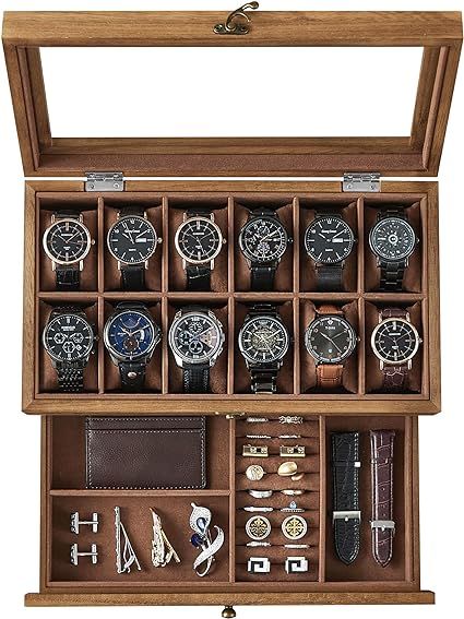 Amazon.com: SONGMICS 12-Slot Watch Box, Christmas Gifts, 2-Tier Watch Display Case with Large Glass Lid, Removable Watch Pillows, Velvet Lining, Jewelry Box, Gift Idea, Rustic Walnut UJOW012K01 : Clothing, Shoes & Jewelry Wood Watch Box, Wooden Watch Box, Watch Display Case, Wall Mounted Heater, Watch Storage Box, Watch Holder, Watch Storage, Collage Picture Frames, Watch Display