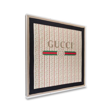 Framed Gucci Logo on Floral Scarf | Modern Wall Art Luxury Scarf, Dream Closet Design, Louis Vuitton Gucci, Elegant Branding, Branded Scarves, Luxury Scarves, Gucci Logo, Acrylic Panels, Designer Scarves