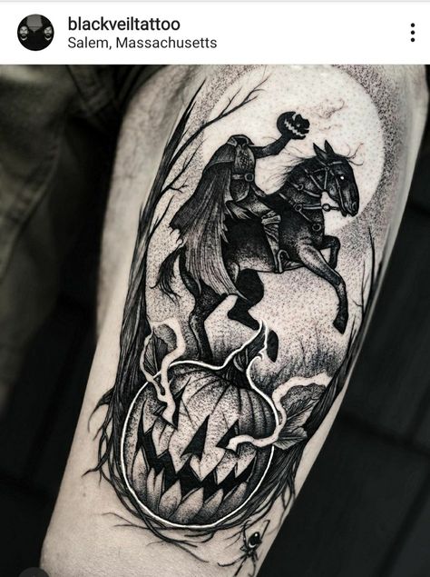 Sleepy Hollow Tattoo, Hollow Tattoo, Halloween Tattoos Sleeve, Tim Burton Tattoo, Pumpkin Tattoo, Autumn Tattoo, Movie Tattoos, Creepy Tattoos, Spooky Tattoos