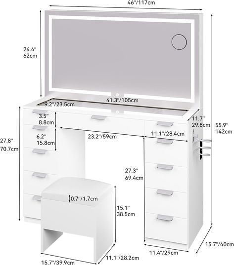 Amazon.com: DWVO Vanity Desk Set with Large LED Lighted Mirror & Power Outlet, Glass Top Vanity with 11 Drawers and Magnifying Glass, 46'' Makeup Vanity with Storage Bench for Bedroom, White : Everything Else Makeup Vanity With Storage, Vanity With Storage, Storage Bench For Bedroom, Bedroom Vanity Table, Glass Top Vanity, Makeup Vanity Storage, Bench For Bedroom, Lights Mirror, Makeup Vanity Lighting