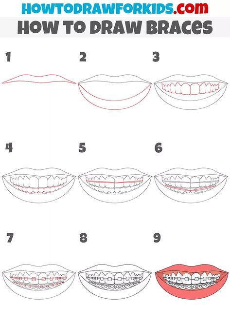 How To Draw Someone Smiling With Teeth, How To Draw Braces On Teeth, Smile With Braces Drawing, How To Draw Braces, Braces Drawing Reference, Drawing Braces, Braces Drawing, Embroidery Doodles, Draw Mouth