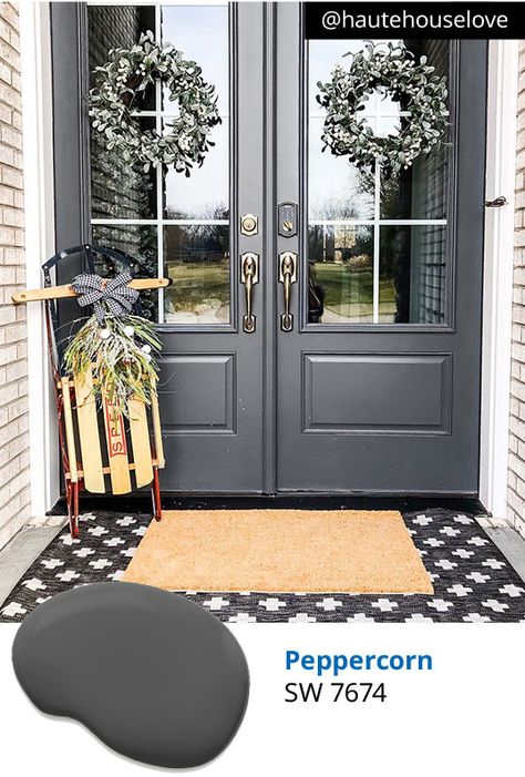 Slate Front Door, Peppercorn Sherwin Williams Garage Door, Sherwin Williams Exterior Door Colors, Sherwin Williams Door Paint Colors, Peppercorn Front Door, Grey Front Door Ideas, Sherwin Williams Front Door Colors, Peppercorn Paint Color, Peppercorn Paint