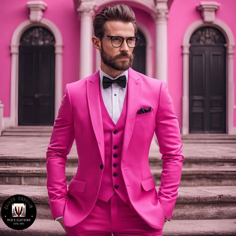 Suit For Men Stylish, Trending Suits, 3 Piece Suit For Men, Pink Suit Men, Pink Groomsmen, Hot Pink Accessories, Smart Casual Men, Suit For Men, Tailored Suit