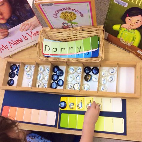 Name Provocations Kindergarten, Reggio Name Activities, Reggio Inspired Kindergarten, Pre Writing Center, Literacy Provocations Preschool, Reggio Writing Center, Reggio Literacy Provocations, Kindergarten Name Art, Literacy Provocations