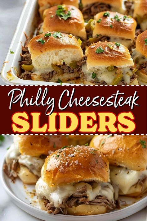 These Philly cheesesteak sliders are as good as it gets! They're stuffed with tender steak, peppers, gooey cheese, all on bite-sized buns. Cheese Steak Sliders, Football Party Food Appetizers, March Madness Food, Cheesesteak Sliders Recipe, Philly Cheesesteak Sliders Recipe, Steak Sliders, Superbowl Foods, Philly Cheesesteak Sliders, Slider Recipe