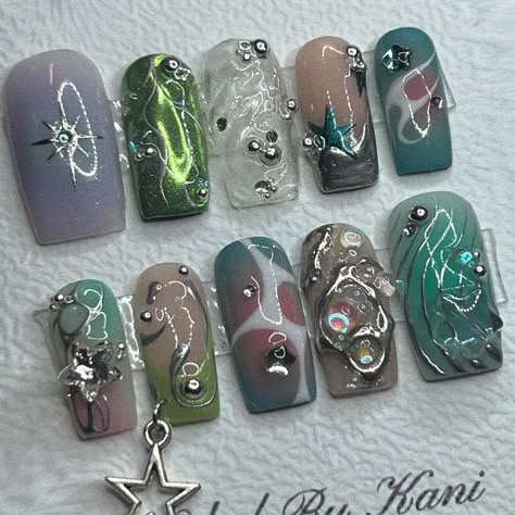 Sea Themed Nails, Nail Y2k, Nail Star, Nails With Gems, Nail Piercing, Themed Nails, Hippie Nails, Punk Nails, Custom Press On Nails