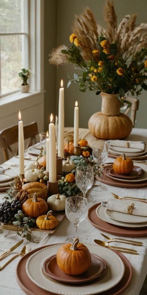 Simple Chic Thanksgiving Table, Circle Table Thanksgiving Decor, Thanksgiving Table Candles, Long Table Thanksgiving Decor, Thanksgiving Modern Decor, Traditional Thanksgiving Tablescapes, Studio Mcgee Thanksgiving Table, How To Set Table For Thanksgiving, Thanksgiving Minimalist Decor