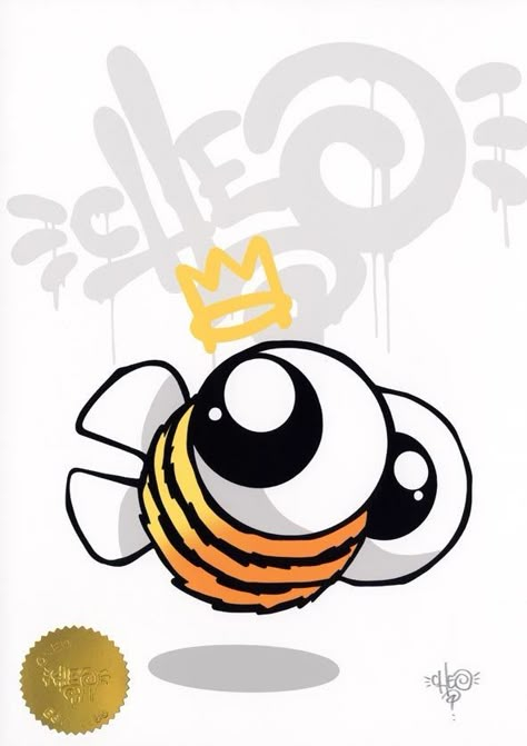 A Digital Giclee PrintFeaturing Cheo's trademark Bumble Bee characterIncludes a gold emboss stamp and signed by CheoSize of each print is 21cm wide x 30cm highPrinted onto 240gs... Bee Graffiti, Cartoon Bees, Bee Character, Acab Tattoo, Bee Cartoon, Graffiti Alphabet Styles, Sick Drawings, Street Art Canvas, Graffiti Cartoon