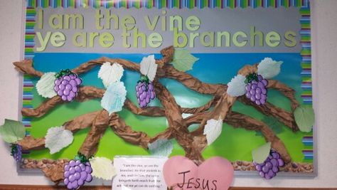 Bulletin board.  I am the vine, ye are the branches. Tree Branch Bulletin Board, I Am The Vine You Are The Branches Bulletin Board, I Am The Vine You Are The Branches, He Is The Vine We Are The Branches, I Am The True Vine, Vine And Branches, Children's Church Crafts, Church Crafts, Fruit Of The Spirit