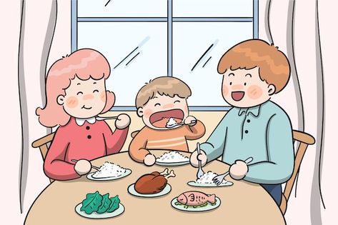 Eating Together Drawing, Family Eating Together Drawing, Eating Food Illustration, Eat Drawing, Cartoon Eating, Eating Illustration, Eating Drawing, Spoon Drawing, Cartoons Eating