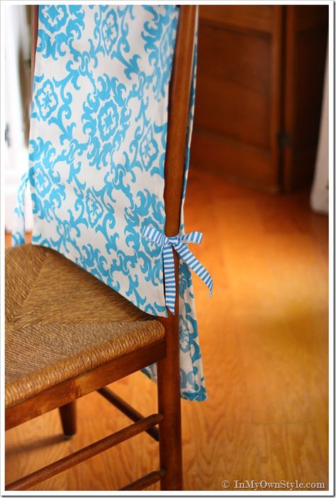 simply add ribbon ties to each side of the runner so that I could tie them onto the chairs Diy Chair Covers, Wooden Office Chair, Dining Room Chair Slipcovers, Kitchen Chair Covers, Chair Back Covers, Dining Room Chair Covers, Diy Dining, Dining Chair Covers, Chair Makeover