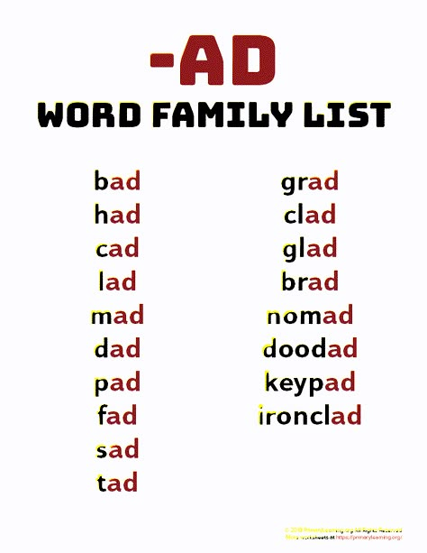 Ad Word Family, Word Family List, Kindergarten Word Families, Phonics Chart, Word Family Worksheets, English Phonics, Phonics Lessons, Phonics Words, Word Family