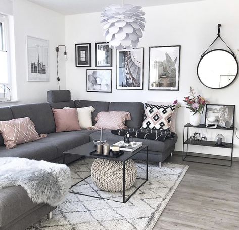 grey and pink living room Grey Living Room Sets, Small Modern Living Room, Grey Couches, Pink Living Room, Design Salon, Neutral Living Room, Design Del Prodotto, Living Room Decor Apartment, Living Room Grey