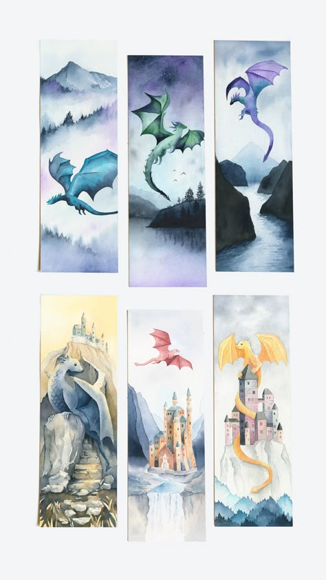 Dragon bookmarks, set of 6 printable fantasy downloads, fairytale watercolor bookmarks, dragons and castles, magical landscape, bookish gift https://etsy.me/3TZIuN7 #dragonbookmark #fantasybookmarks #mythicalcreatures Watercolor Art Fantasy Landscape, Dragon Bookmark Printable, Watercolor Fantasy Art Easy, Watercolor Landscape Bookmark, Fantasy Bookmark Ideas, Dragon Watercolor Painting, Landscape Bookmarks, Watercolor Bookmarks Ideas, Watercolor Fantasy Art