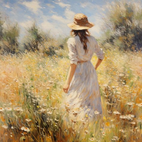 Woman In A Field, Feminine Artwork, A Field Of Flowers, Painting Of A Woman, Inspiring Artwork, Cottagecore Art, Field Of Flowers, Romantic Art, Classical Art