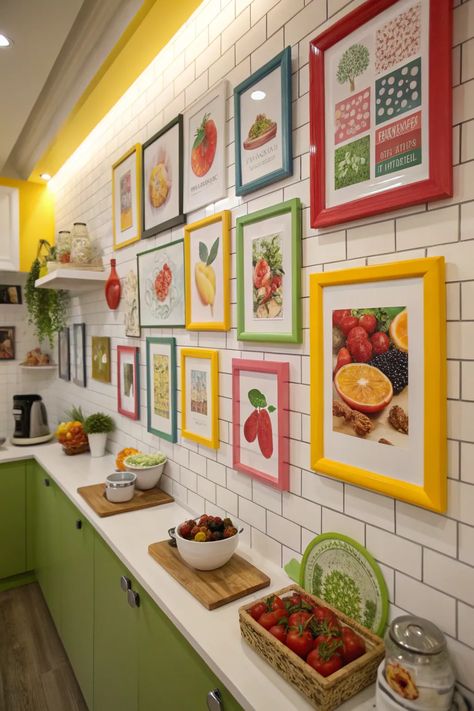 18+ Creative Kitchen Wall Decor Ideas Large Framed Mirrors, Vintage Food Posters, Kitchen Wall Decor Ideas, Photo Ledge, Hanging Herb Garden, Family Photo Wall, Diy Kitchen Renovation, Rustic Floating Shelves, Creative Kitchen