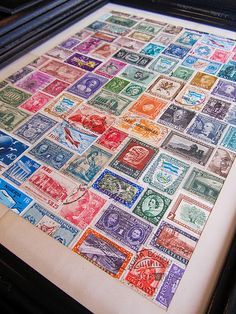 Old Postage Stamps Art Ideas, Stamp Display Ideas Postage, Vintage Stamp Art, Stamp Collage Art, Postal Stamp Art, Postage Stamp Display, Stamp Collection Display, Framed Stamps, Stamp Collection Ideas