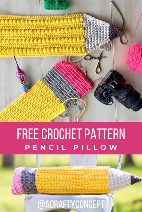 Pencil Pillow, Pencil Crochet, School Crochet, Crochet Teacher, For Teachers, Crochet Cushion Covers, Crochet Teacher Gifts, Crochet Pencil, Knitting Basket