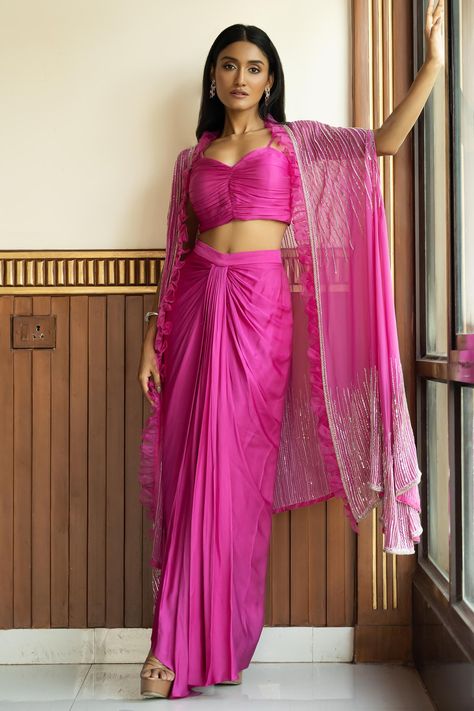 Buy Pink Georgette Embellished Crystal Cape Open Draped Skirt Set For Women by MEHAK SHARMA Online at Aza Fashions. Sangeet Outfit For Friends Wedding, Drape Skirt Outfit Indian, Engagement Dresses For Bridesmaid, Pink Indo Western Dresses, Indo Western Skirt Outfits, Trendy Indowestern Outfits For Women, Pink Suit Outfit Women, Drape Skirt Outfit, Stylish Suits Women Indian