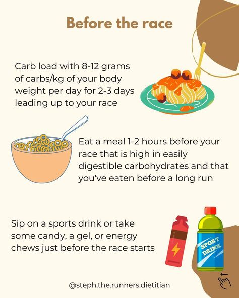 ⁠ If you want to finish your marathon feeling strong, avoid bonking, or having to DNF, a fueling strategy is a KEY step in your success! ⁠ ⁠ Preparing your body to run for this length of time starts a few days before your race, with carb loading for 2-3 days prior.⁠ ⁠ Increase your carb calories while minimizing the fat in your diet to fuel up and maximize your muscle glycogen stores. ⁠ ⁠ Then, the morning of your marathon, eat a meal you normally eat before long runs or races that you know y... How To Prepare For A Marathon, Before Run Food, Carb Loading Meals For Runners, Marathon Diet, Marathon Preparation, Running Inspo, Adventure Racing, Running Diet, Xc Running