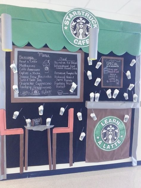 Starbucks Display, Starbucks Classroom, Coffee Classroom, Book Tasting, Starbucks Birthday, Reading Corners, Sped Classroom, Library Display, Math Education