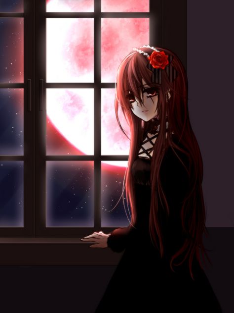 ✮ ANIME ART ✮ gothic. . .gothic fashion. . .gothic lolita. . .dress. . .ribbons. . .long hair. . .headdress. . .lace. . .rose. . .flower. . .window. . .moon. . .night sky. . .darkness. . .cute. . .kawaii Red Hair Vampire, Yuki Cross, Vampire Knight Zero, Vampire Knight Kaname, Vampire Knight Yuki, Yuki Kuran, Matsuri Hino, Kaname Kuran, Vampire Knights