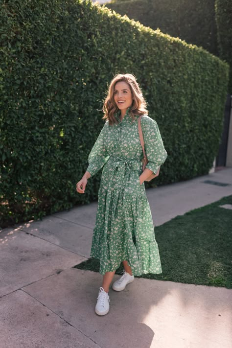 A Green and White Floral Shirtdress in California | Gal Meets Glam Dress And Sneakers Outfit, Pink Flower Girl Dresses, Muslim Fashion Outfits, Modest Clothing, Wrap Dress Floral, Shirtdress, Classy Dress, Looks Vintage, Modest Dresses