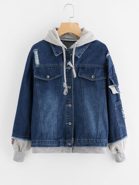 Shein 2 In 1 Hooded Denim Jacket Vestiti In Jeans, Hooded Denim Jacket, Fashion Victim, Denim Jacket Women, Girls Fashion Clothes, Teen Fashion Outfits, Teen Fashion, Jacket Outfits, Hoodie Fashion