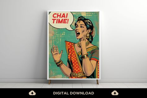 Indian Pop Art, Digital Download, Chai Poster, Kitchen Pop Art, Woman, Punjabi, Gujarati, Saree, Feminist, Desi Food Indian Pop Art, Gujarati Saree, Kitchen Pop, Desi Art, Indian Bedroom, Wine Poster, Desi Food, Elephant Art, Bedroom Posters