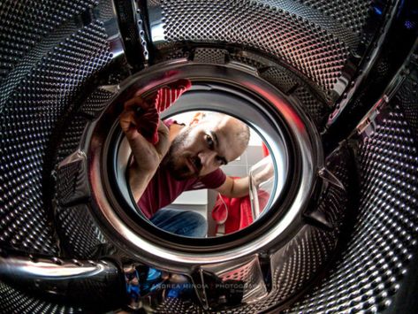 Washing Machine Photography, Fish Eye Lens Art, Washing Machine Photoshoot, Fisheye Lens Photography, Laundry Shoot, Fisheye Photography, Detergent Laundry, Robert Wood, Circle Game