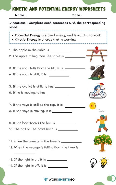 Energy Worksheets, Potential And Kinetic Energy, Science Energy, Phonics Puzzles, Kinetic And Potential Energy, Addition Kindergarten, Kindergarten Classroom Decor, Homeschool Worksheets, Preschool Tracing